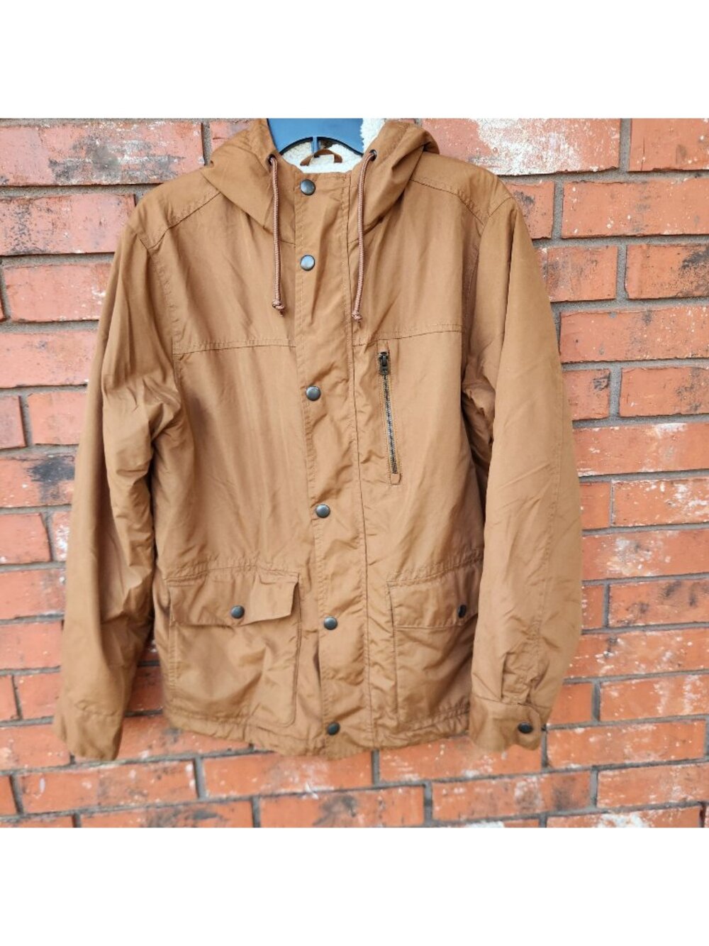 Old Navy Men's Medium Brown Hooded Sherpa-Lined Jacket Snap Buttons & Pockets